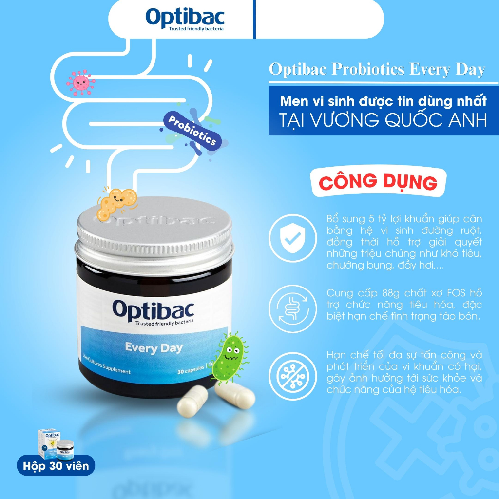 Viên uống men vi sinh Optibac Probiotics Every Day hỗ trợ tiêu hóa, bảo vệ sức khỏe đường ruột