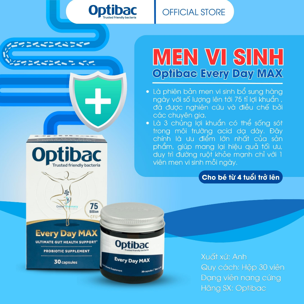 Viên men vi sinh Optibac Every Day MAX hỗ trợ sức khỏe tiêu hóa, giảm táo bón, đầy hơi và tăng miễn dịch 30 viên
