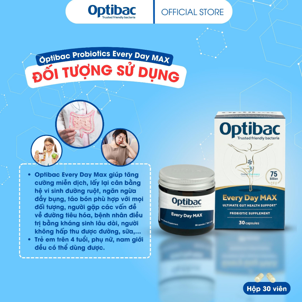 Viên men vi sinh Optibac Every Day MAX hỗ trợ sức khỏe tiêu hóa, giảm táo bón, đầy hơi và tăng miễn dịch 30 viên