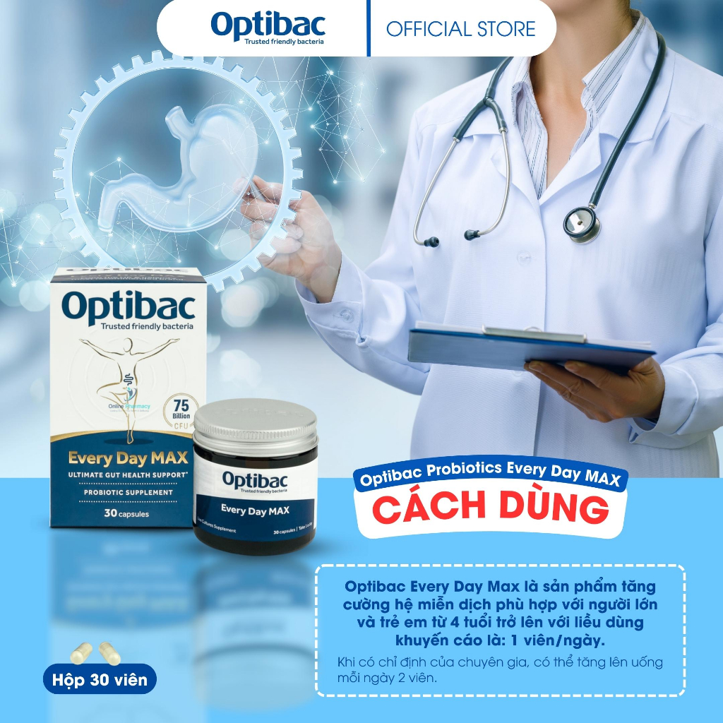 Viên men vi sinh Optibac Every Day MAX hỗ trợ sức khỏe tiêu hóa, giảm táo bón, đầy hơi và tăng miễn dịch 30 viên