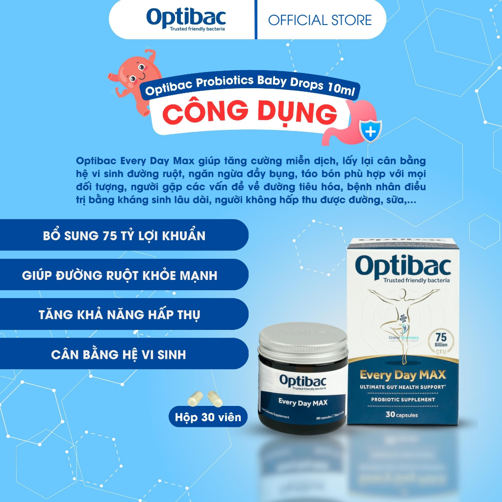 Viên men vi sinh Optibac Every Day MAX hỗ trợ sức khỏe tiêu hóa, giảm táo bón, đầy hơi và tăng miễn dịch 30 viên