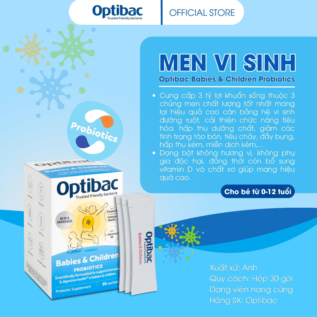 Viên uống men vi sinh Optibac Babies & Children hỗ trợ tiêu hóa, tăng cường miễn dịch hộp 30 gói