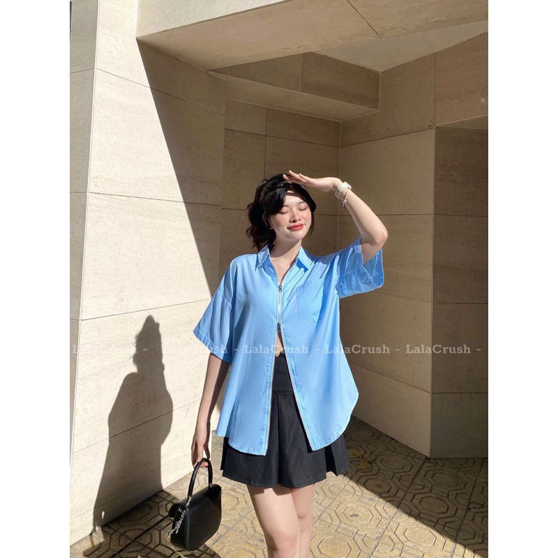 Áo sơ mi trơn 3 màu cộc tay, khoá kéo 2 chiều, xẻ lưng đi học đi chơi Lala Crush