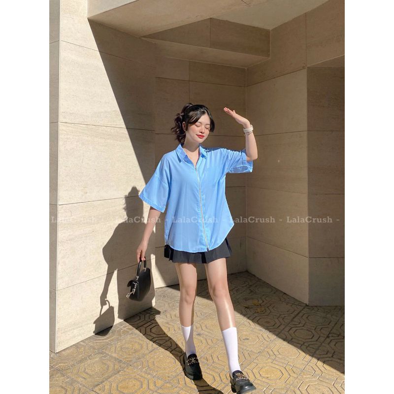 Áo sơ mi trơn 3 màu cộc tay, khoá kéo 2 chiều, xẻ lưng đi học đi chơi Lala Crush