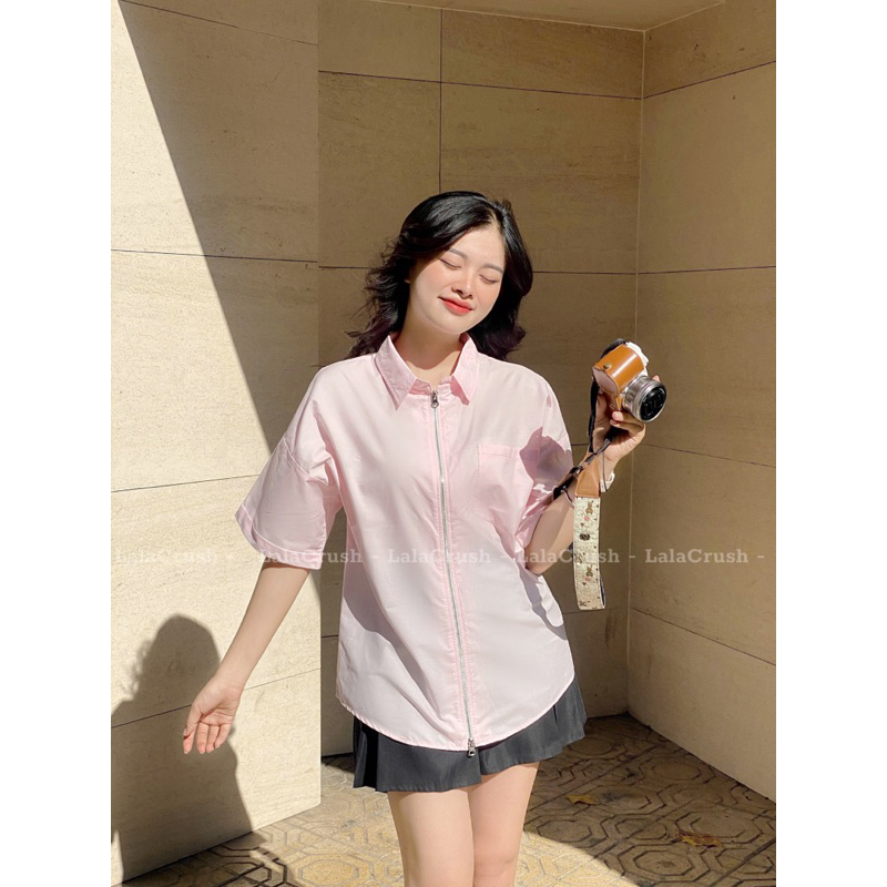 Áo sơ mi trơn 3 màu cộc tay, khoá kéo 2 chiều, xẻ lưng đi học đi chơi Lala Crush