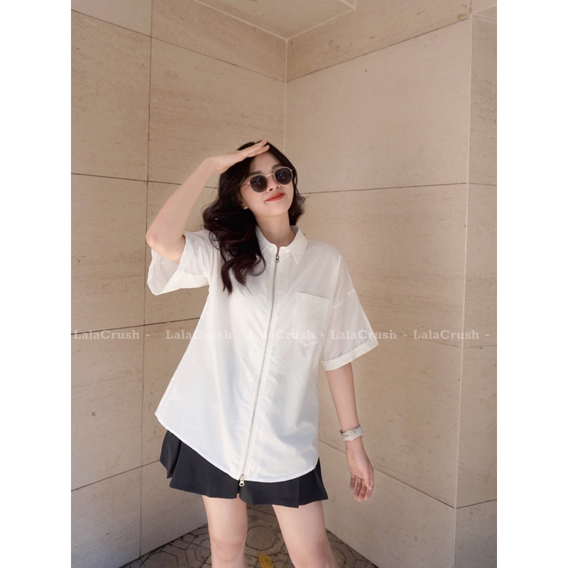 Áo sơ mi trơn 3 màu cộc tay, khoá kéo 2 chiều, xẻ lưng đi học đi chơi Lala Crush