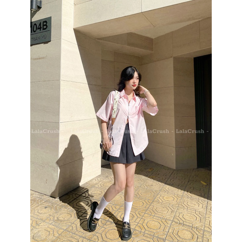 Áo sơ mi trơn 3 màu cộc tay, khoá kéo 2 chiều, xẻ lưng đi học đi chơi Lala Crush