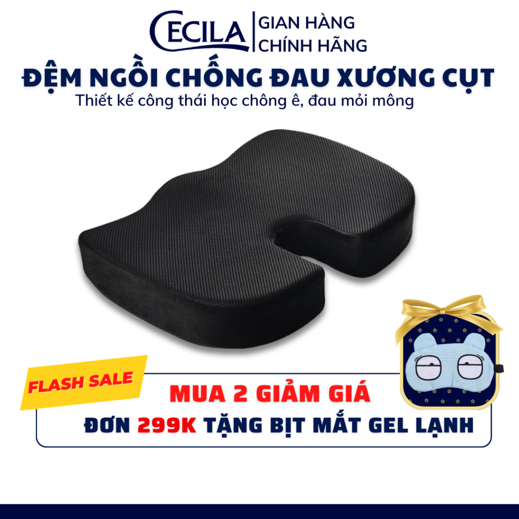 Đệm lót ghế chống đau xương cụt CECILA, ruột cao su non đàn hồi cực tốt, có gel lạnh làm mát, giảm ê mỏi mông khi ngồi.