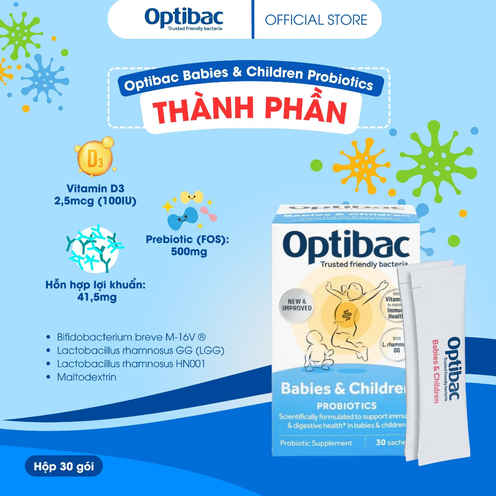Viên uống men vi sinh Optibac Babies & Children hỗ trợ tiêu hóa, tăng cường miễn dịch hộp 30 gói