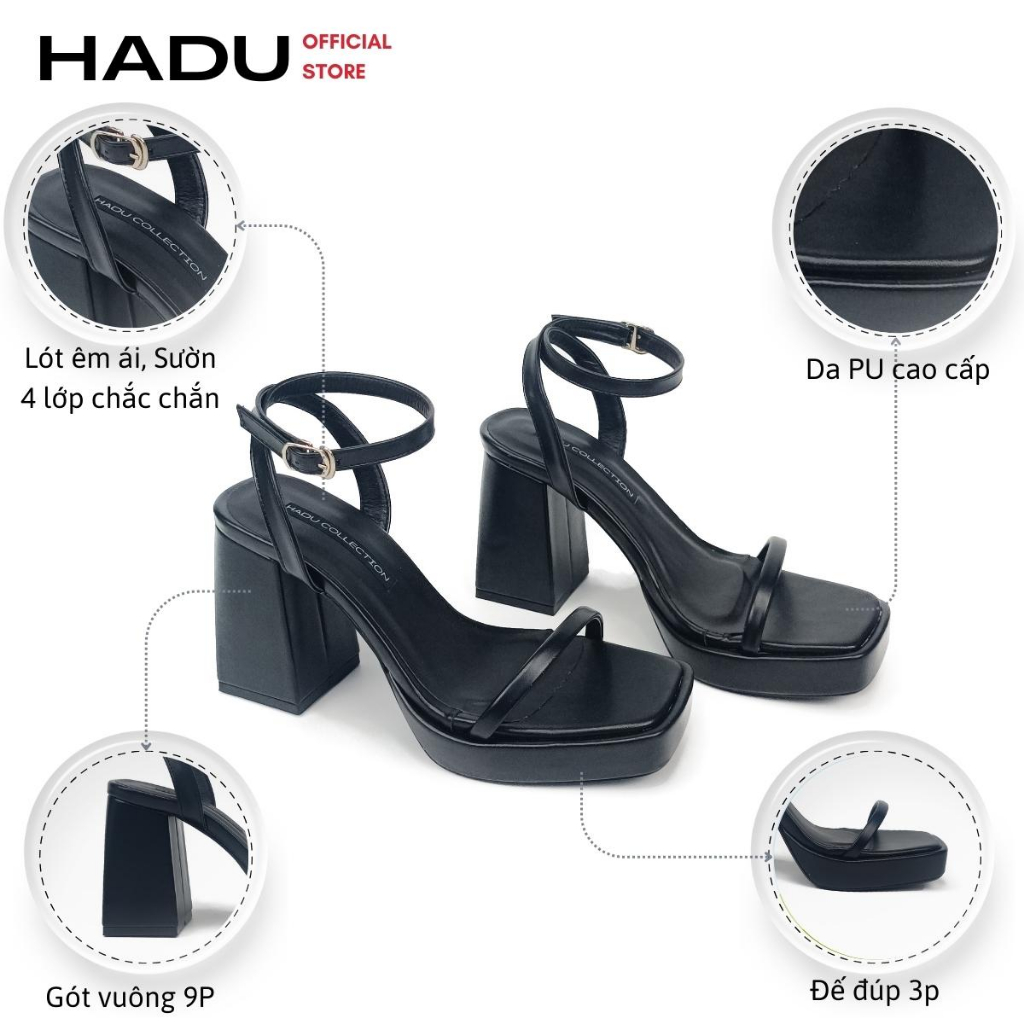 Giày Sandal Gót Vuông 9P Quai Ngang Dây Mảnh Đúp Trước 3P HADU M949, BH 24 Tháng
