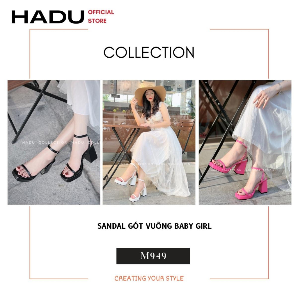 Giày Sandal Gót Vuông 9P Quai Ngang Dây Mảnh Đúp Trước 3P HADU M949, BH 24 Tháng