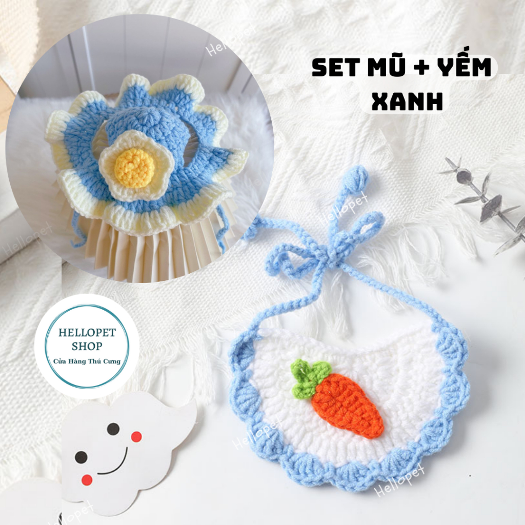 Set mũ len yếm len cho chó mèo, Nón len, vòng cổ len nhiều màu dễ thương cho thú cưng đủ size cho chó mèo đến 8kg