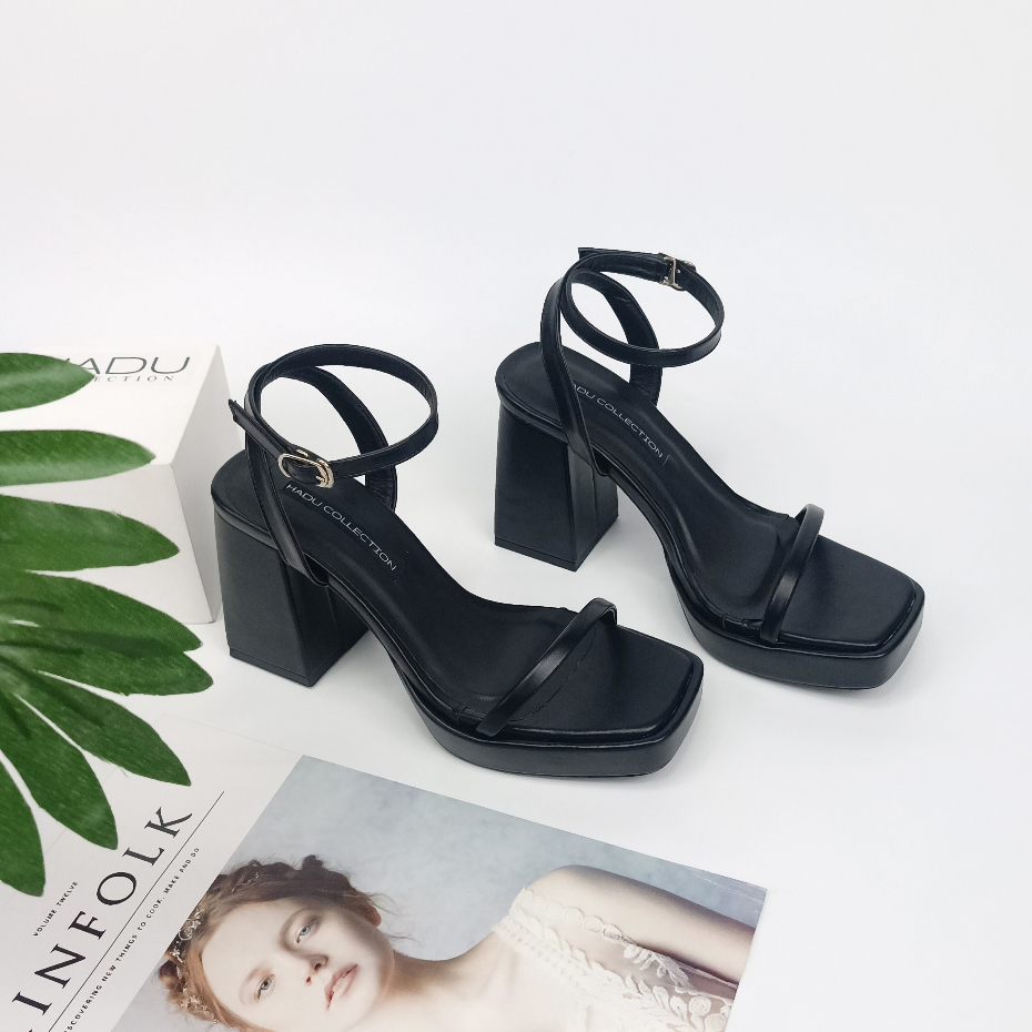 Giày Sandal Gót Vuông 9P Quai Ngang Dây Mảnh Đúp Trước 3P HADU M949, BH 24 Tháng