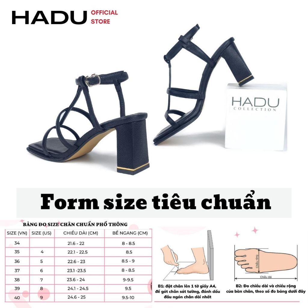 Giày Sandal Cao Gót Đế Vuông 7P Quai Ngang 3 Dây DAVANS HADU M595 Da Vân Siêu Bền, BH 24 Tháng