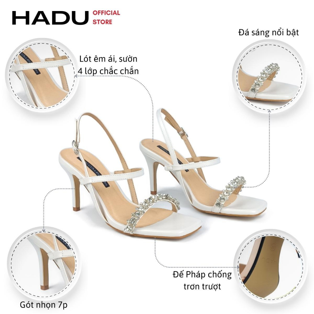 Giày Sandal Cao Gót 7P Quai Ngang Đính Đá JP Thủ Công HADU M7110, Sang Trọng, Đẳng Cấp, BH 24 Tháng