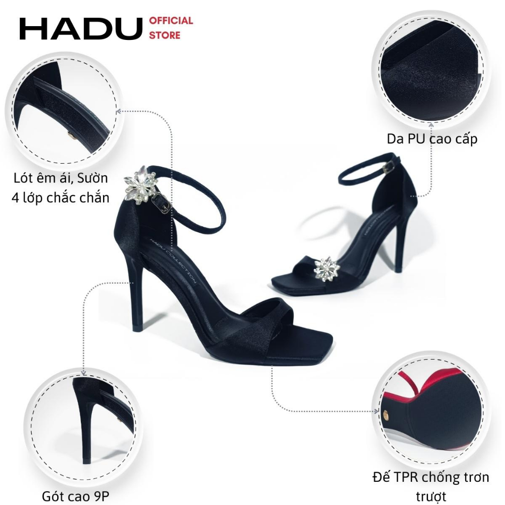 Giày Sandal Cao Gót 9p Quai Ngang Lụa Satin Cao Cấp KATUN CRYSTAL HADU L957, BH 24 Tháng