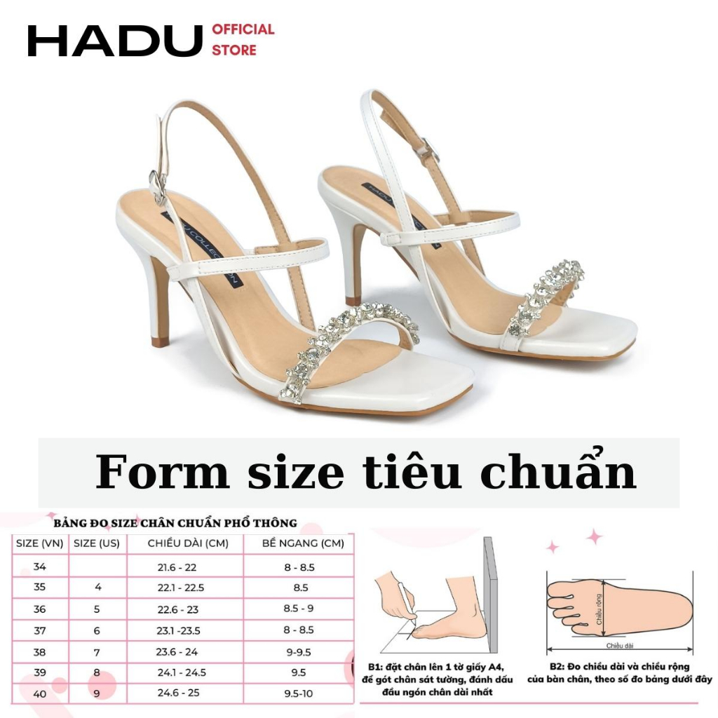 Giày Sandal Cao Gót 7P Quai Ngang Đính Đá JP Thủ Công HADU M7110, Sang Trọng, Đẳng Cấp, BH 24 Tháng