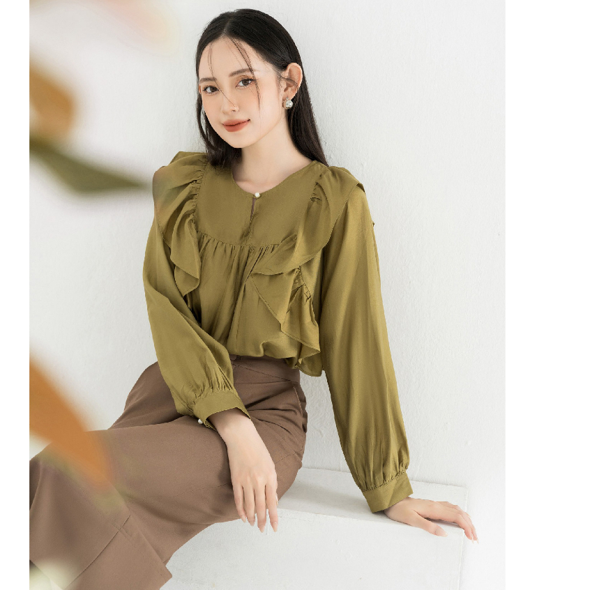Áo sơ mi kiểu nữ HeraDG thiết kế dáng suông rộng bèo nhún 2 bên thân chất tơ cao cấp SAKBC8092