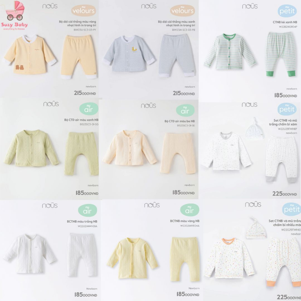 Bộ quần áo Nous dài tay newborn cúc giữa cho bé, Suzybaby