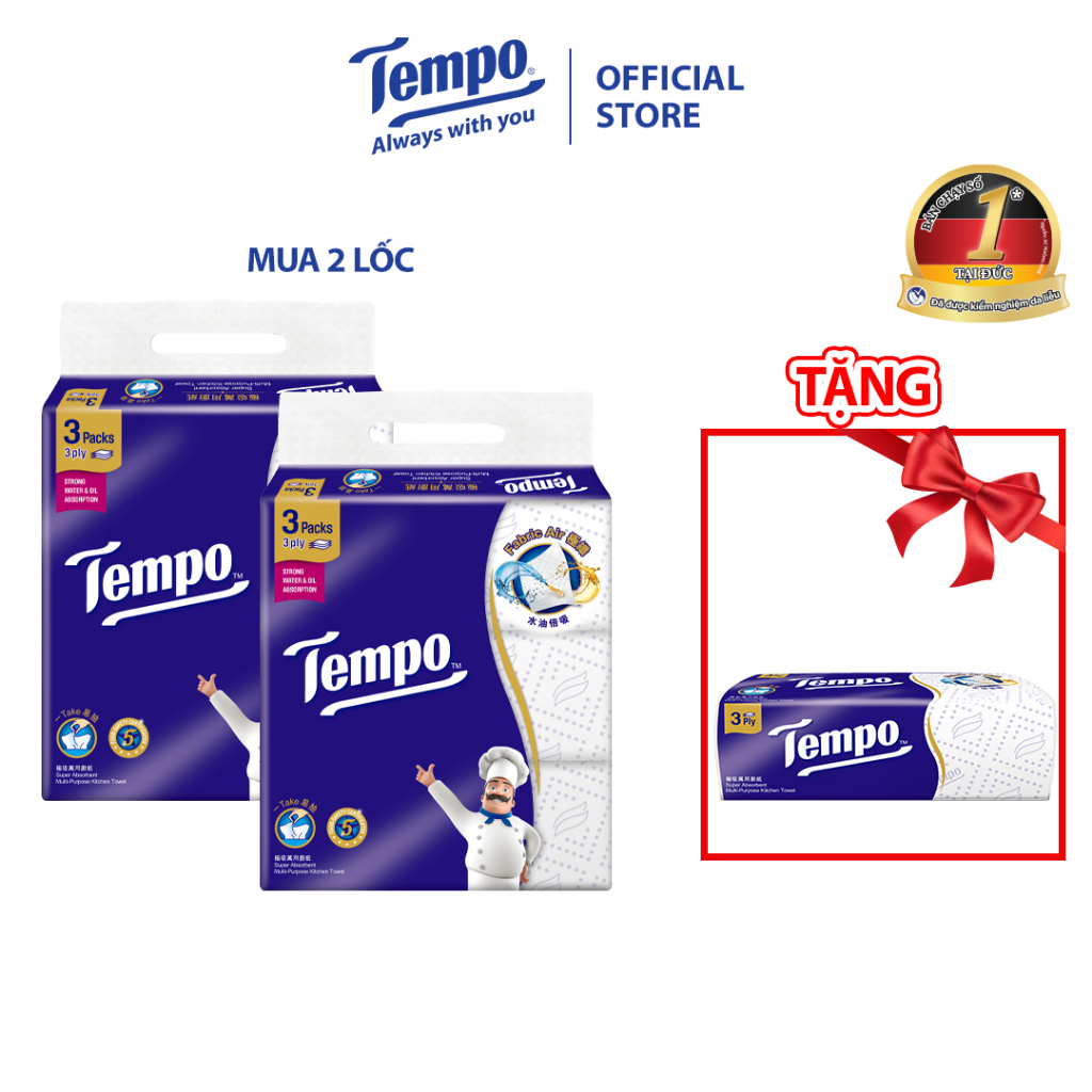 Khăn Giấy Bếp Đa Năng Dạng Rút Siêu Thấm Tempo (3 gói rút/Lốc) - Thương Hiệu Đức