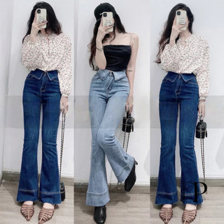 Quần jean ống loe lưng cao co giãn Quần bò ống loe cạp cao lai kiểu