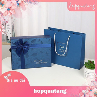 Hộp Quà Tặng Kèm Túi Quà Màu Xanh Gắn Nơ Ánh Hình Lông Vũ Sang Trọng Luxury H48