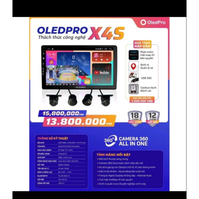 Màn hình ô tô OLEDPRO X4S tích hợp camera 360 9in ram4-32 chip 8nhân