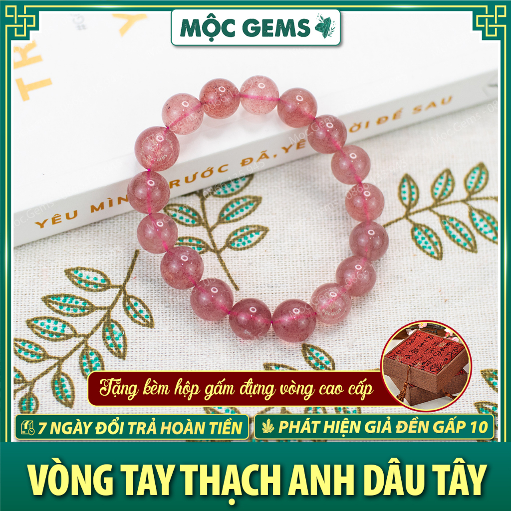 Vòng Tay Đá Strawberry Quartz (Dâu Tây Hồng), Vòng Đá Dâu Tây Hồng Cao Cấp Tặng Kèm Hộp Gấm Đựng Vòng