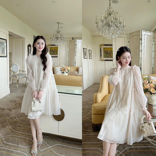 Đầm tơ vân nhũ cúc ngọc dáng suông tầng phong cách nữ tính nhẹ nhàng