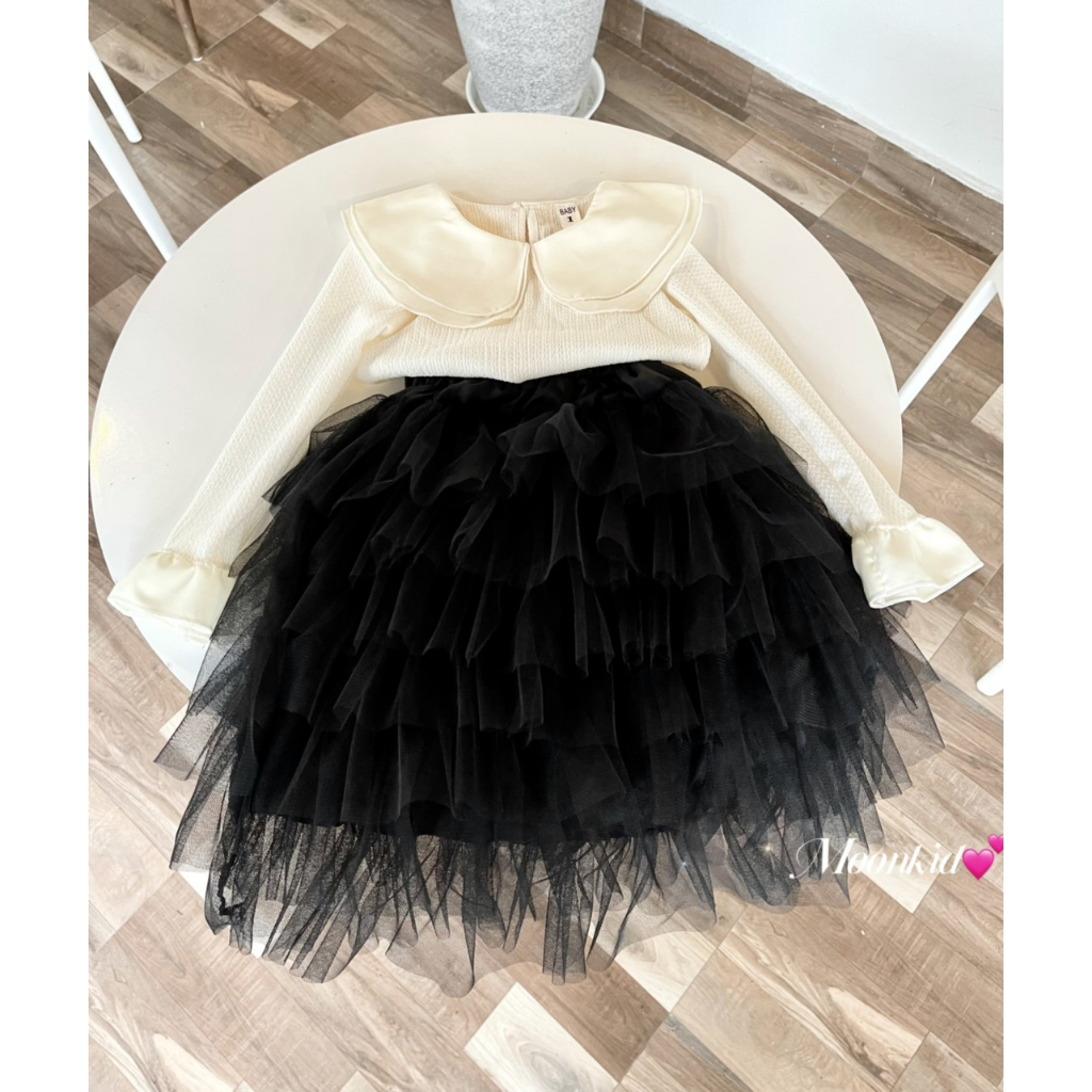 Set bộ chân Váy công chúa 2 chi tiết cho bé gái cổ bèo dài tay kết hợp chân váy nhiều tầng cho bé mặc đi học từ 8-28kg