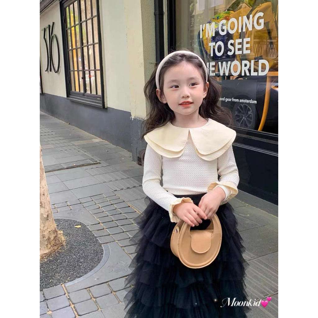 Set bộ chân Váy công chúa 2 chi tiết cho bé gái cổ bèo dài tay kết hợp chân váy nhiều tầng cho bé mặc đi học từ 8-28kg