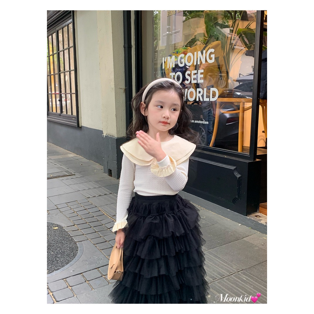 Set bộ chân Váy công chúa 2 chi tiết cho bé gái cổ bèo dài tay kết hợp chân váy nhiều tầng cho bé mặc đi học từ 8-28kg