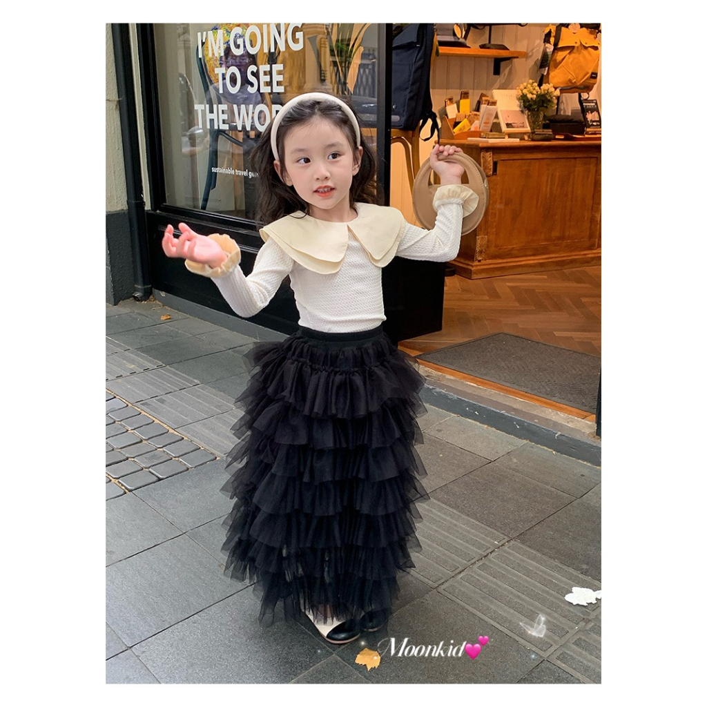 Set bộ chân Váy công chúa 2 chi tiết cho bé gái cổ bèo dài tay kết hợp chân váy nhiều tầng cho bé mặc đi học từ 8-28kg