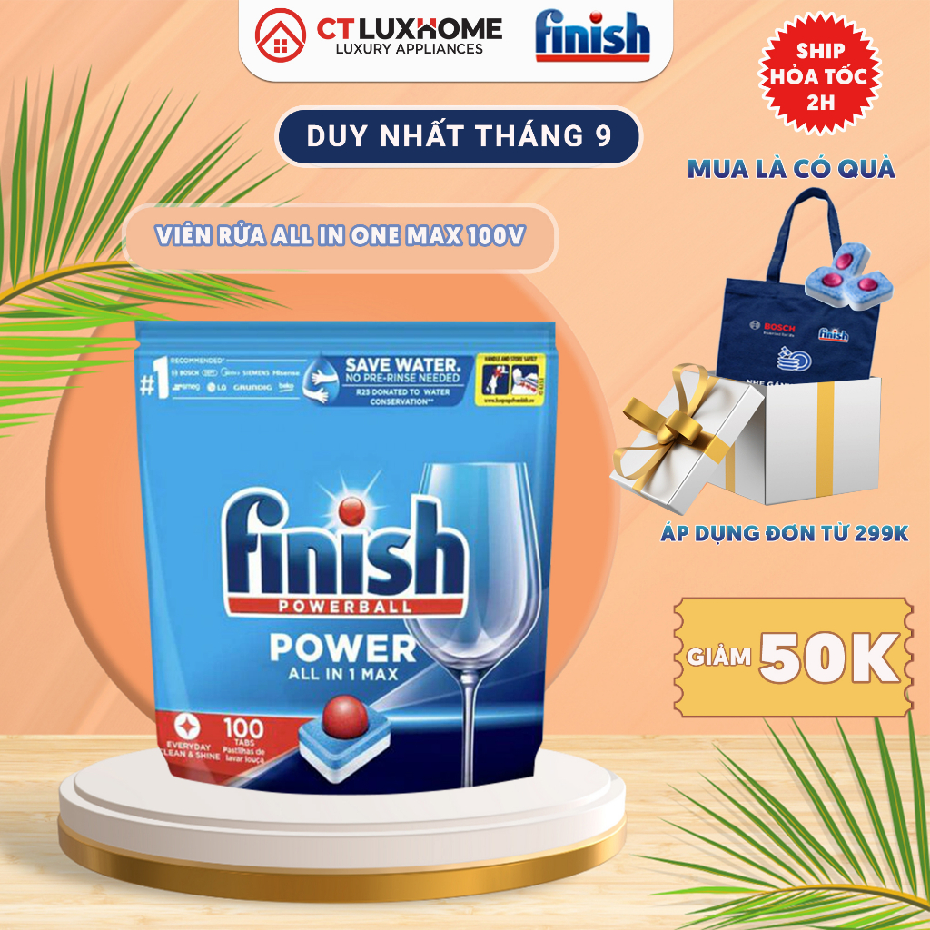 Viên rửa chén bát Finish All in one max 100 viên - [10 chức năng - Hàng chính hãng - Tem phụ Tiếng Việt]