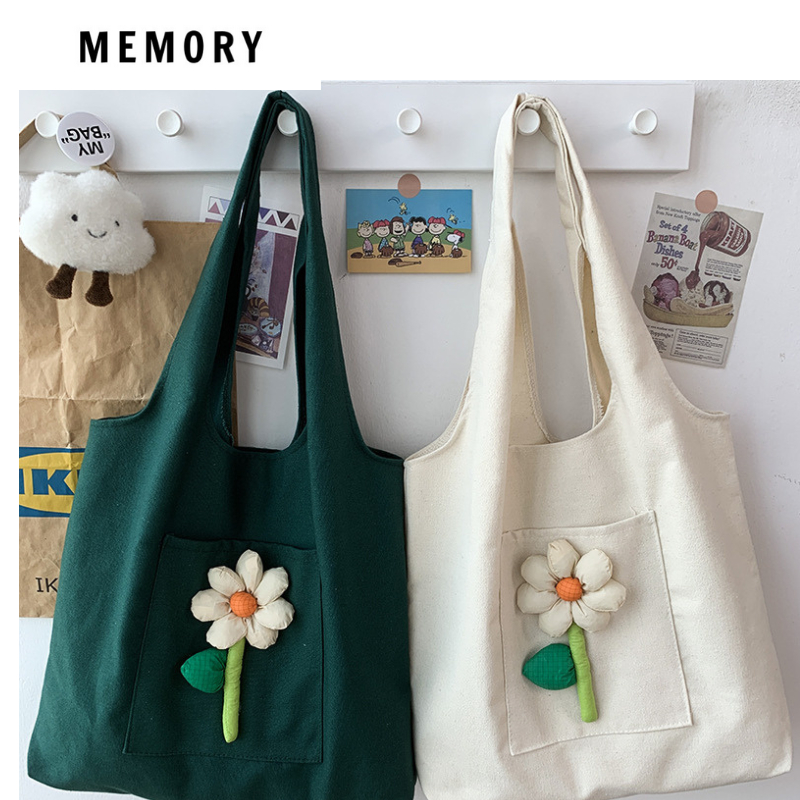 Túi tote Memory vải canvas đính hoa dễ thương mang đi học, đi làm