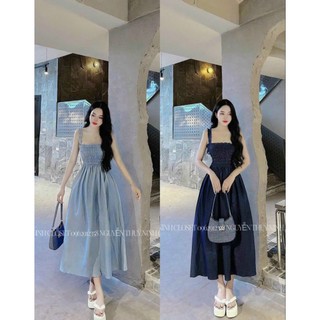 Đầm thời trang nữ chất liệu jean mềm cổ dây,nhún ngực ôm eo xếp ly xòe maxi