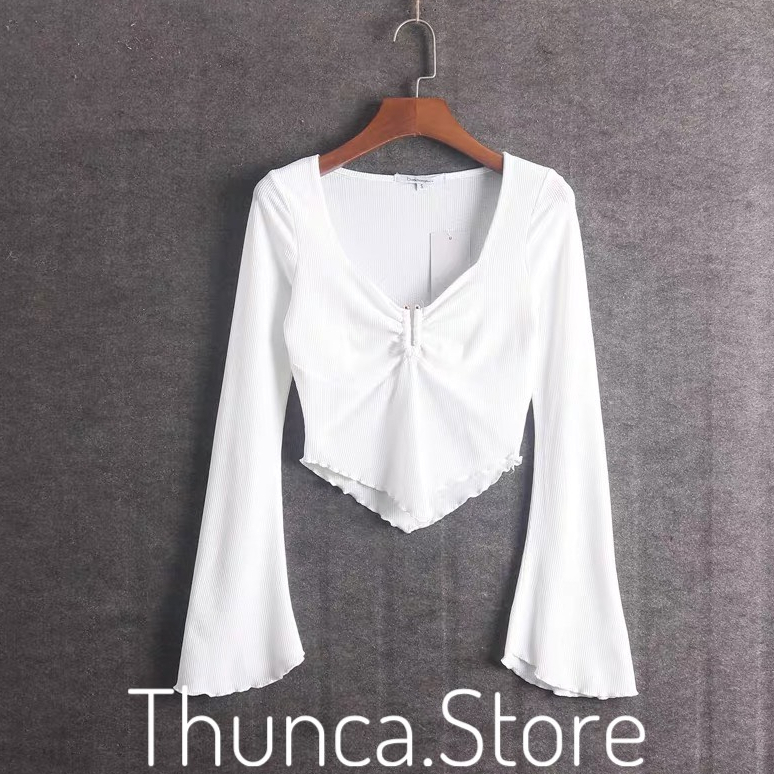 Áo tay dài loe croptop ôm body cổ V A350, áo thun nữ