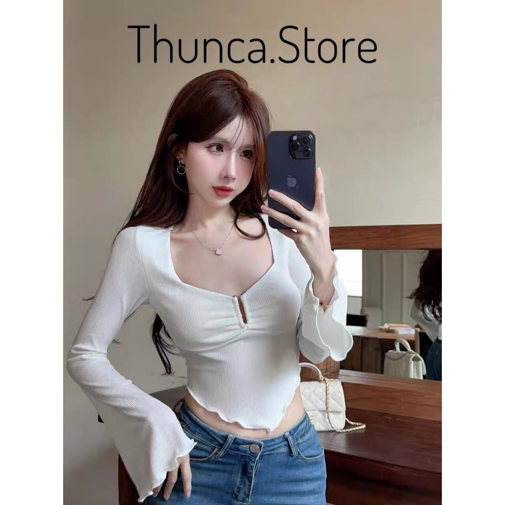 Áo tay dài loe croptop ôm body cổ V A350, áo thun nữ