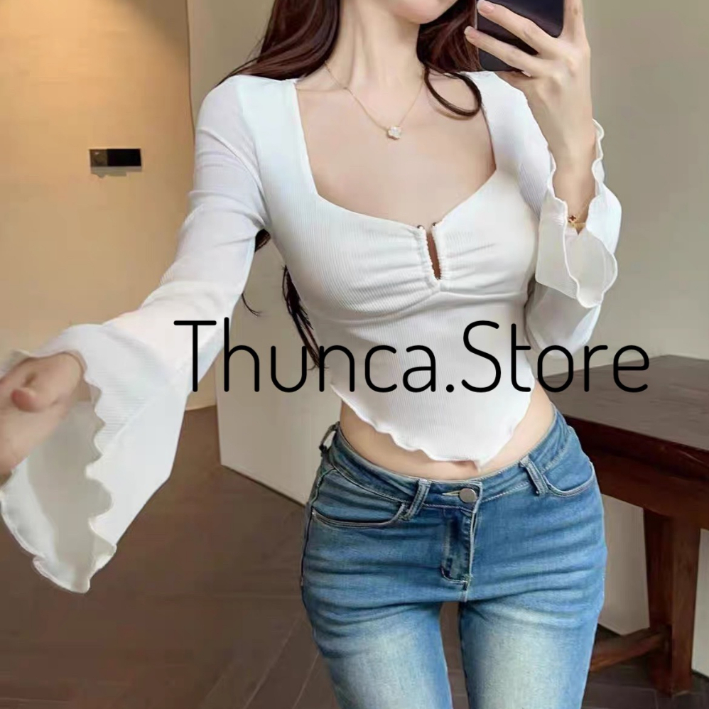 Áo tay dài loe croptop ôm body cổ V A350, áo thun nữ