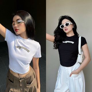 Baby tee ONhouse áo thun tay ngắn form vạt bầu basic đơn giản tạo hiệu ứng thon gọn, in decal nổi