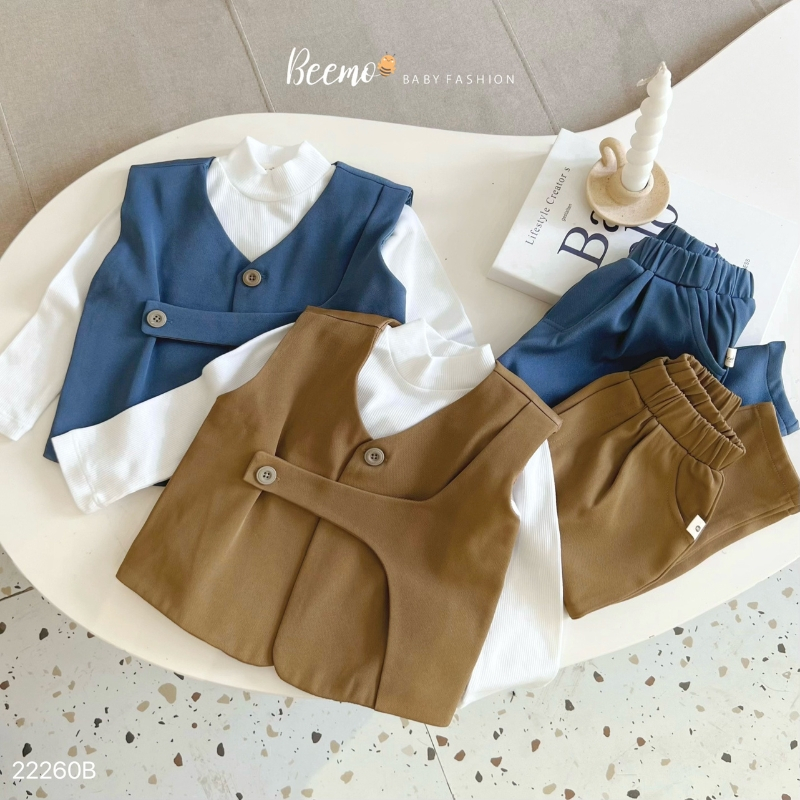 Bộ thu đông bé trai BEEMO B073 bộ vest gile phối cúc Hàn Quốc chất text chéo mềm mượt - PAPALEMON