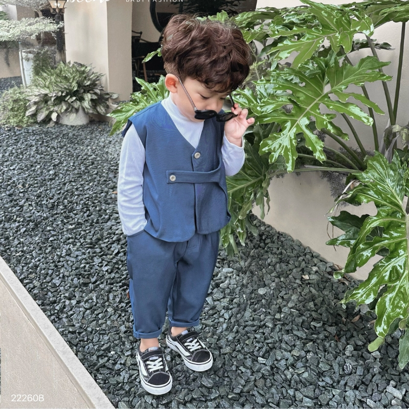 Bộ thu đông bé trai BEEMO B073 bộ vest gile phối cúc Hàn Quốc chất text chéo mềm mượt - PAPALEMON