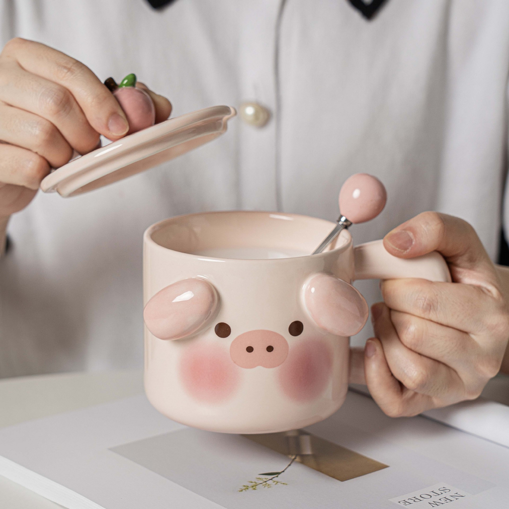 Cốc Sứ Uống Cà Phê Hình Chú Heo Dễ Thương Kèm Nắp Và Muỗng Tiện Dụng