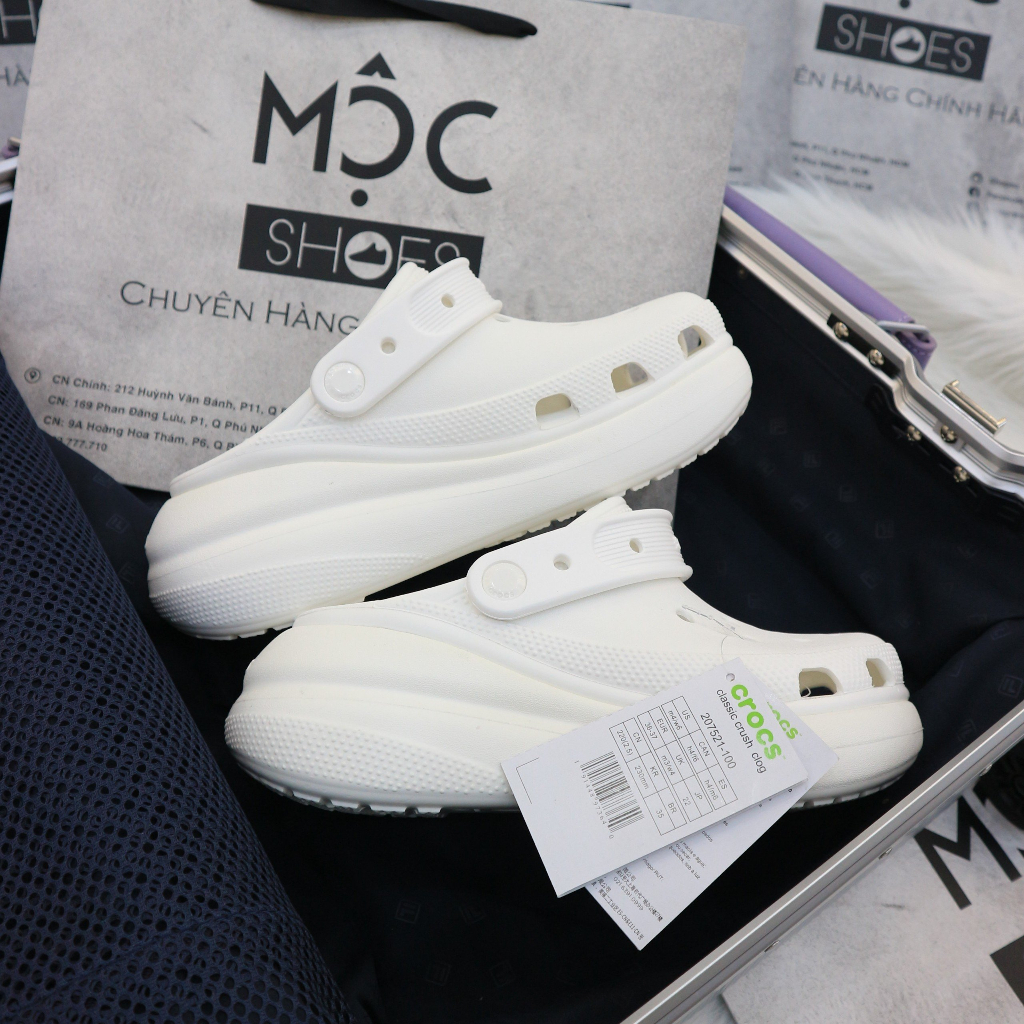 Giày Clog Unisex Crocs Crush Classic *Đế Cao* - Trắng - Code : 207521-100