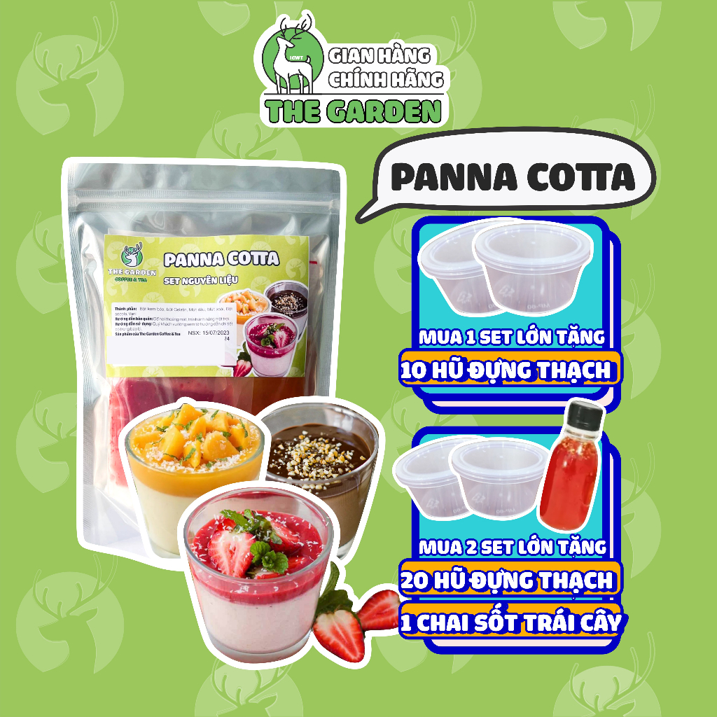  Panna Cotta thạch kem sữa Ý - set nguyên liệu lớn 3 vị dâu, xoài, socola 500g nấu 30 hũ