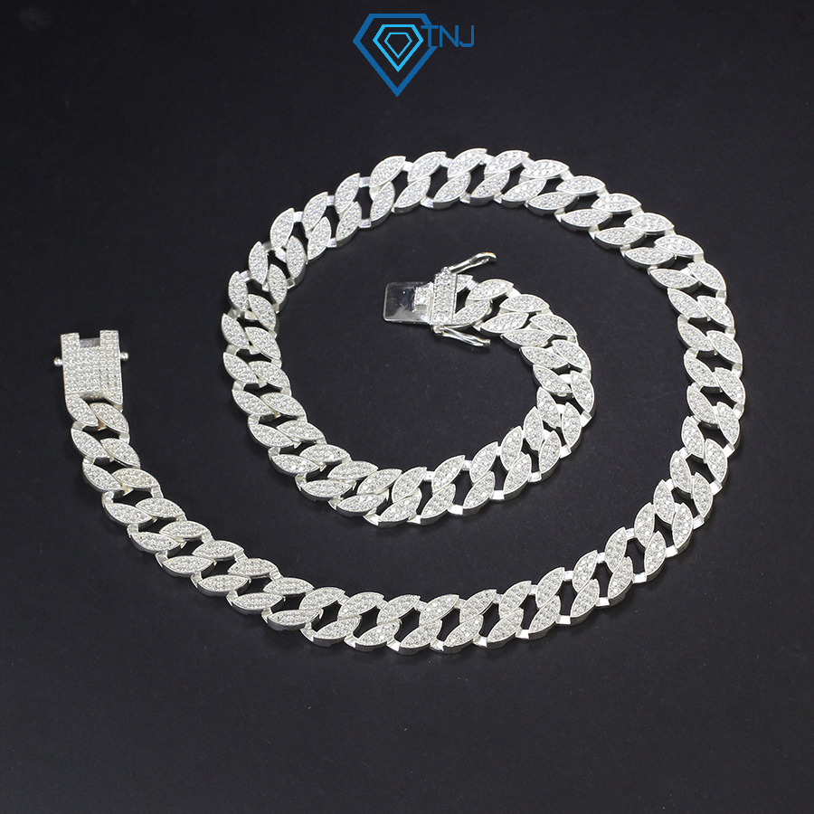 Dây chuyền cuban nam đính đá cao cấp, vòng cổ cuban bạc mắt xích tròn 2 cây sang trọng DCK0066 - Tra