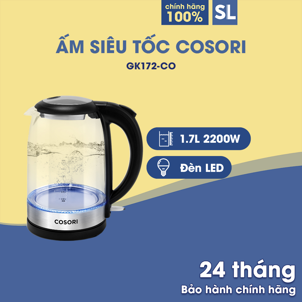 Bình Đun Nước Siêu Tốc COSORI Dung Tích 1.7L Thép Không Gỉ An Toàn Bảo Hành 12 Tháng