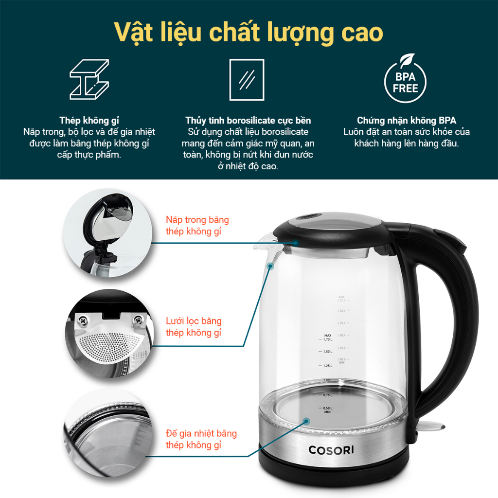 Bình Đun Nước Siêu Tốc COSORI Dung Tích 1.7L Thép Không Gỉ An Toàn Bảo Hành 12 Tháng