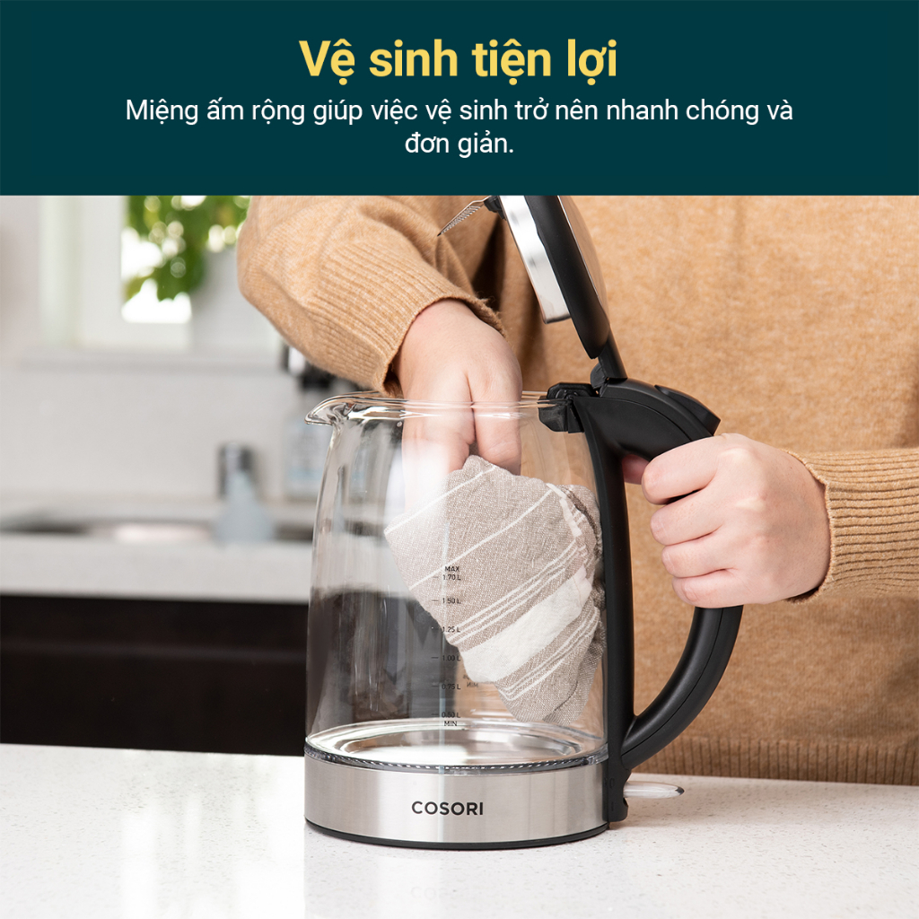 Bình Đun Nước Siêu Tốc COSORI Dung Tích 1.7L Thép Không Gỉ An Toàn Bảo Hành 12 Tháng