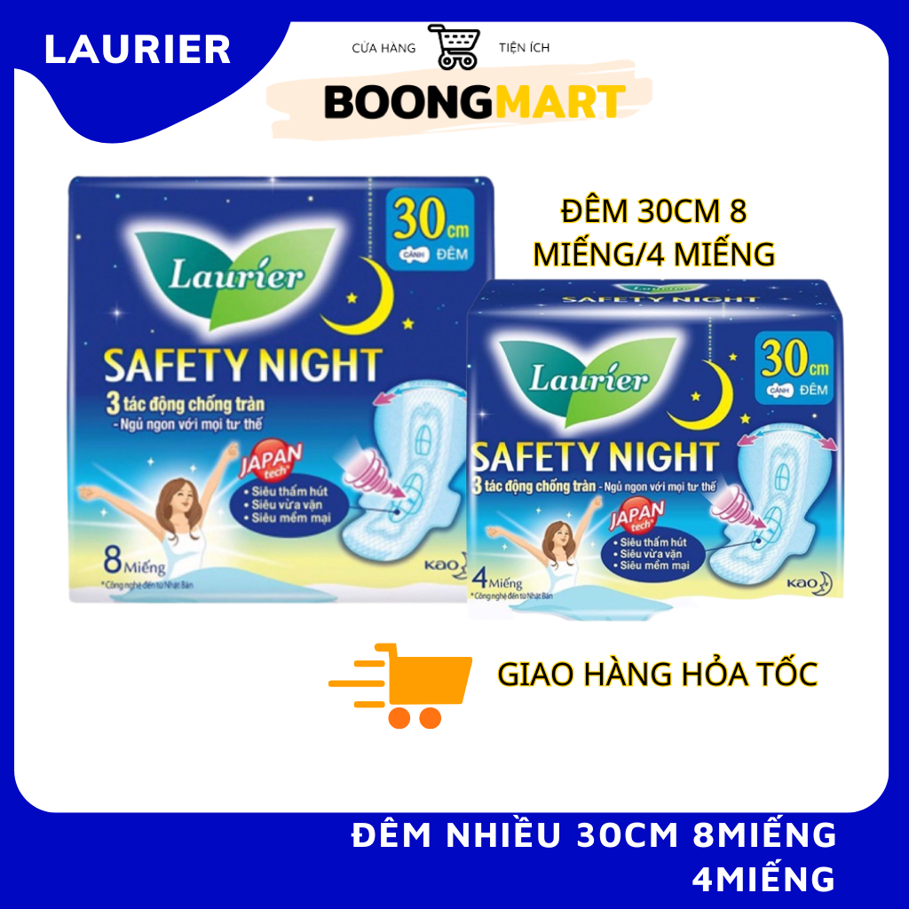 Băng vệ sinh Laurier Safety night Đêm 30cm 8m/4m chống tràn ban đêm